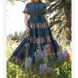 Ivy city embroided blue boho dress romantic fairy cottage core long capri XS